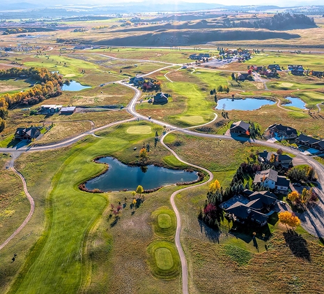 Aerial view of homes and golf course at Indian Springs Montana