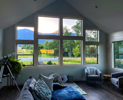 Interior of home at Indian Springs Montana with mountain views